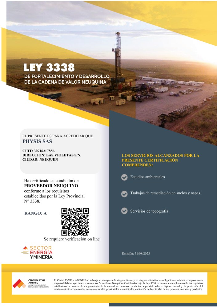 Certificado Ley 3338 - Physis SAS Proveedor Neuquino Rango A